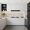 Modern Kitchen Interior With White Cabinets Black Appliances And Tiled Backsplash