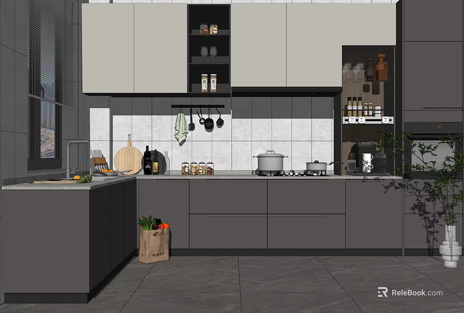 Modern Kitchen Interior With Gray Cabinets Countertop Tile Backsplash And Hanging Utensils 3d model