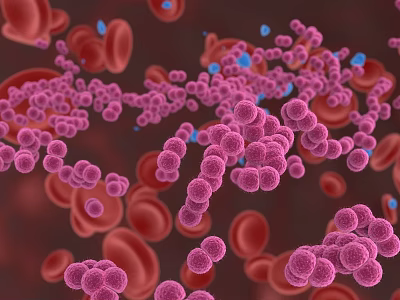 Microscopic View Of Purple Bacteria Interacting With Red Blood Cells In Blood 3d model