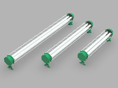Three Linear Industrial Chandeliers With Green Bases And White Light Tubes For Lighting 3d model