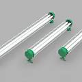 Three Linear Industrial Chandeliers With Green Bases And White Light Tubes For Lighting