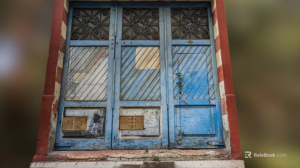 Weathered Blue Entrance Door With Decorative Patterns Striped Panels Bronze Plates And Red Frame 3d model 