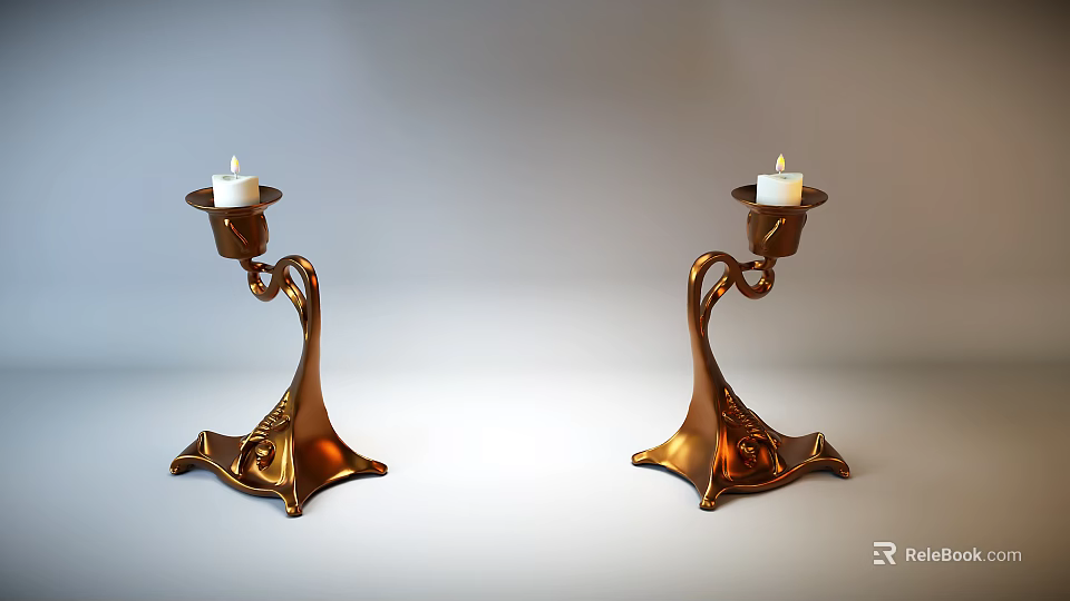 Two Stylish Copper Candle Holders with Lit Candles and Elegant Decorative Base 3d model 