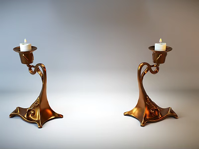 Two Stylish Copper Candle Holders with Lit Candles and Elegant Decorative Base 3d model