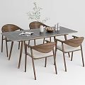 Modern Rectangular Dining Table Set With Stone Top Wooden Chairs Green Plant And White Cups 3d model
