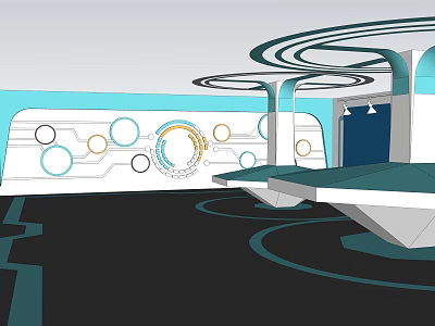 Modern Futuristic Interior Space With Circular Patterns Curved Ceiling And Geometric Furniture 3d model