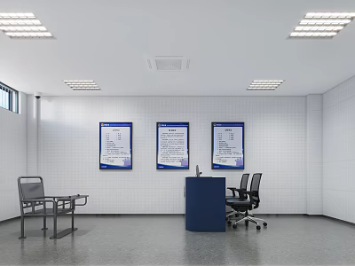 Monitoring Room Interior With Three Screens White Tiled Walls Blue Desk And Office Chairs 3d model