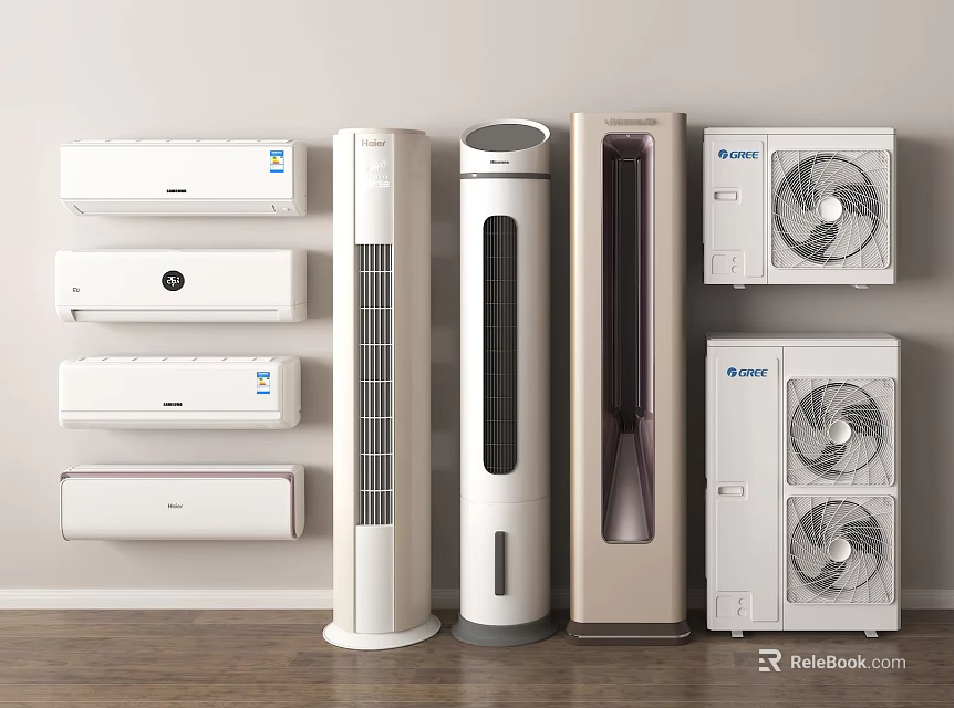 Various Types of Home Air Conditioners and Fans Including Wall Mounted and Standing Designs 3d model 