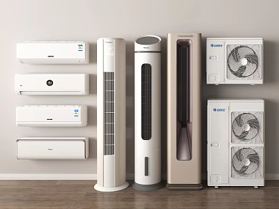 Various Types of Home Air Conditioners and Fans Including Wall Mounted and Standing Designs 3d model