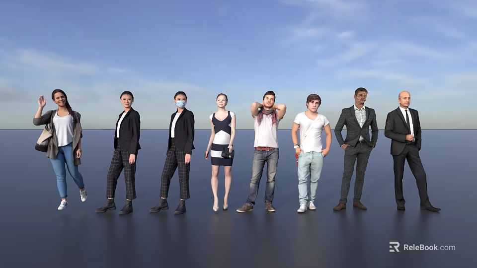 Group of Diverse People Standing Together in Various Outfits Against Blue Sky 3d model 