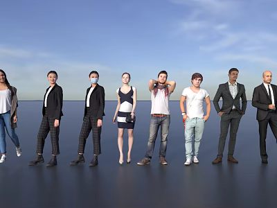 Group of Diverse People Standing Together in Various Outfits Against Blue Sky 3d model