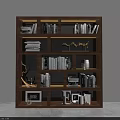 Modern Wooden Bookshelf With Stacked Books Decorative Sculpture Photo Frame And Vase