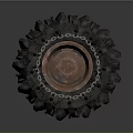 Off road Vehicle Tire With Rusty Rim And Heavy Duty Chain For Rugged Terrain