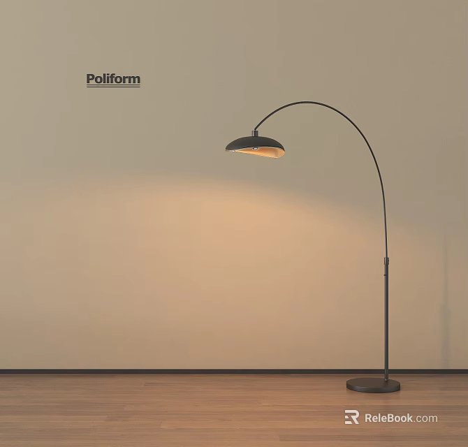 Poliform Black Arc Floor Lamp With Warm Light And Light Colored Wall Wooden Floor 3d model 