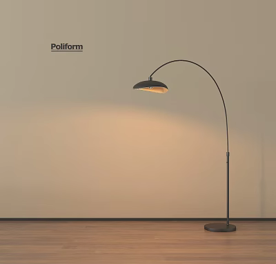 Poliform Black Arc Floor Lamp With Warm Light And Light Colored Wall Wooden Floor 3d model