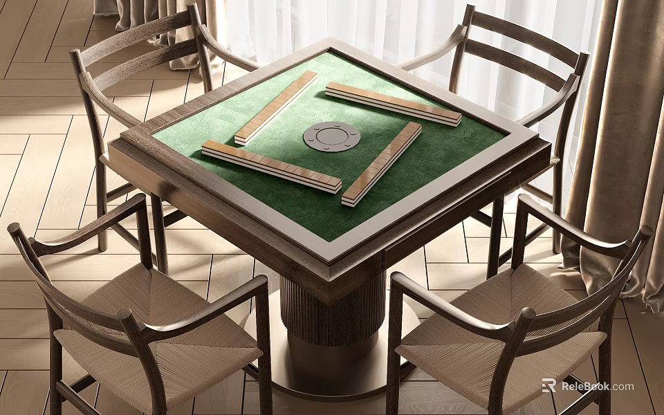 Wooden Entertainment Table With Green Mahjong Surface And Woven Chairs Around 3d model 