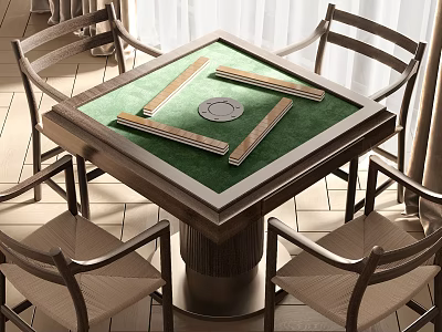 Wooden Entertainment Table With Green Mahjong Surface And Woven Chairs Around 3d model