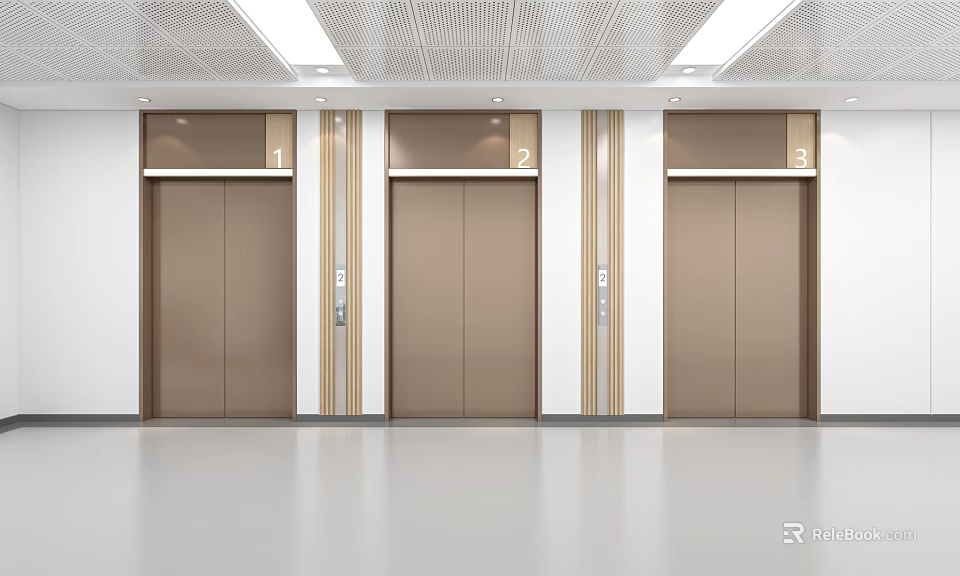 Modern Elevator Lobby With Three Elevators Perforated Ceiling And Smooth Floor 3d model