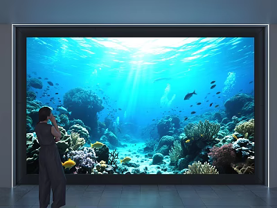 Underwater Scene On Giant Screen With Coral Reef Fish And Person Viewing 3d model