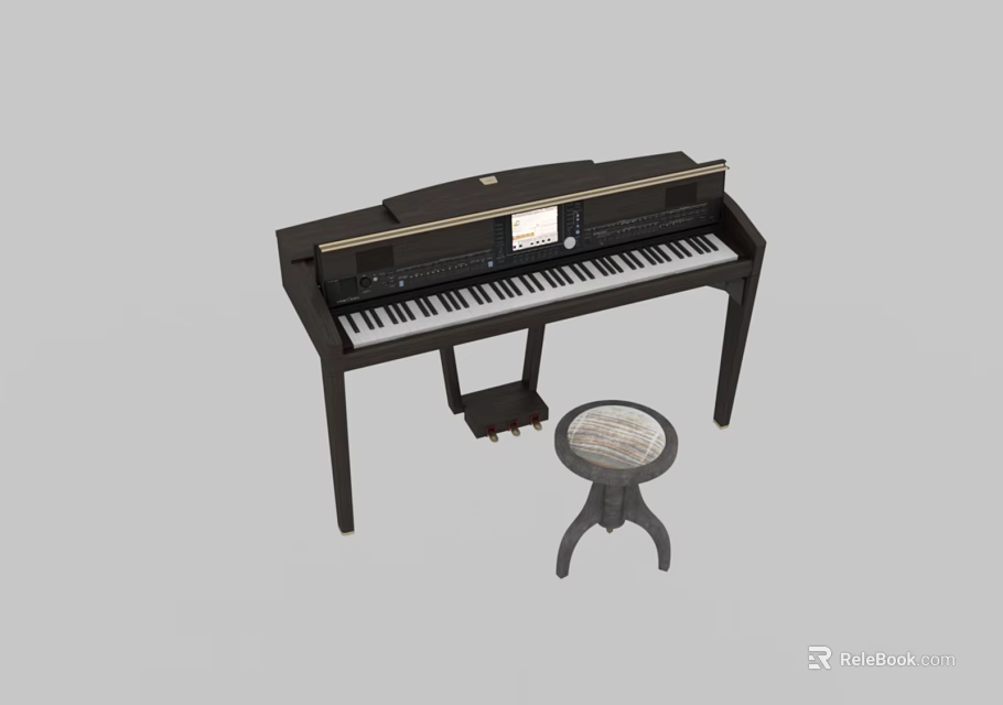 Black Digital Piano and Art Supplies Setup with Wooden Bench and Palette 3d model 