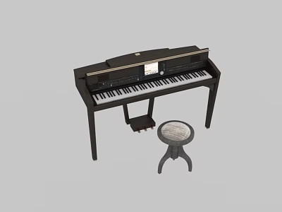Black Digital Piano and Art Supplies Setup with Wooden Bench and Palette 3d model