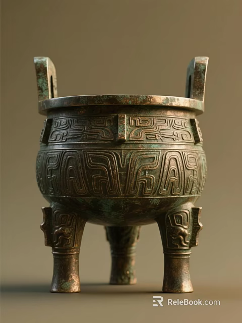 Ancient Chinese Bronze Cauldron With Intricate Patterns And Decorative Legs 3d model