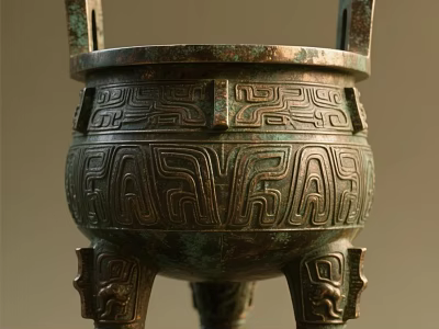 Ancient Chinese Bronze Cauldron With Intricate Patterns And Decorative Legs 3d model