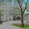 Modern Sales Office Building With High Rise Buildings Background Courtyard Trees And Seating Areas