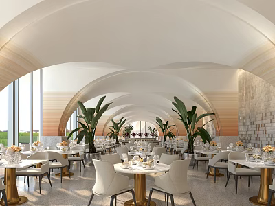 Elegant Restaurant Interior With Arched Ceilings Palm Plants White Tables And Golden Chairs 3d model