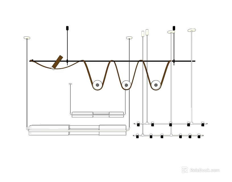 Sleek Modern Chandelier Design With Curved Linear Structure And Hanging Elements 3d model