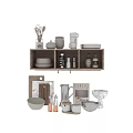 Stylish Wooden Shelf Display With Kitchenware Mugs Jars Bottles Cutting Boards And Kettle