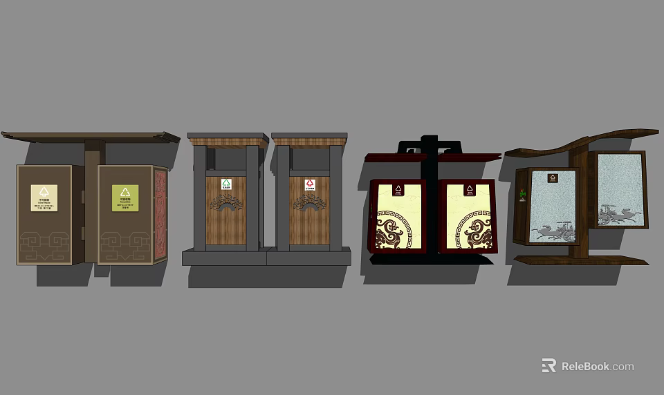 Public Trash Bins With Various Designs Wooden Panels And Decorative Patterns For Public Facilities 3d model 