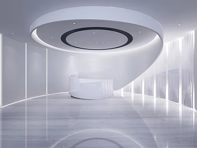 Modern Reception Area With White Curved Desk Circular Ceiling Bright Lighting And Sleek Floor 3d model