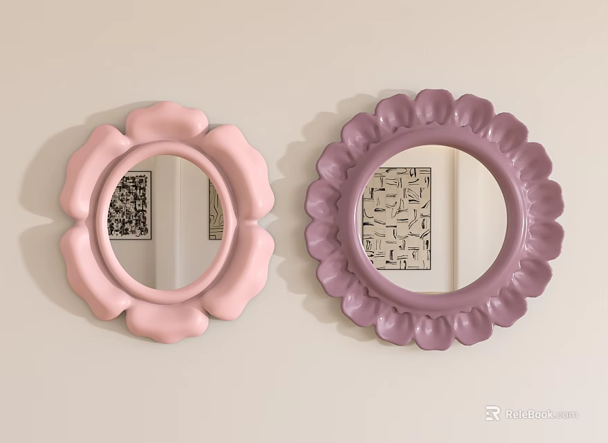 Decorative Round Petal Shaped Pink And Purple Mirrors On Wall 3d model 