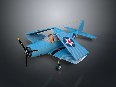 Detailed Blue Vintage Airplane Model Featuring Star Emblem Propeller And Wings 3d model