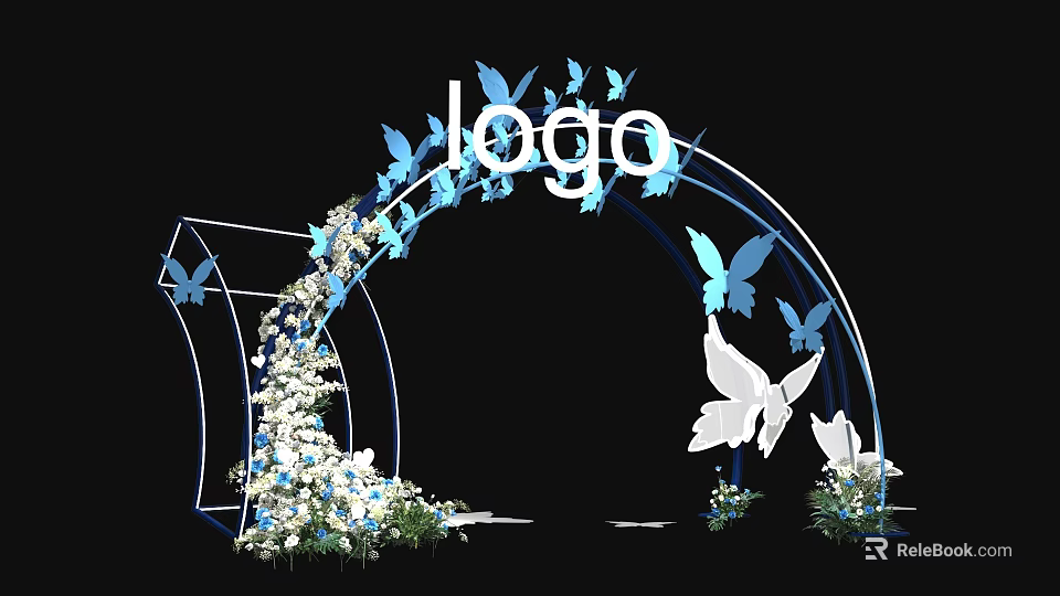 Event Entrance Arch With Blue Butterflies White Doves Logo And Flower Bouquets Design 3d model 