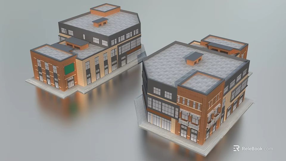 Modern Multi Story Commercial Complex With Brick Glass Facade And Retail Units 3d model 