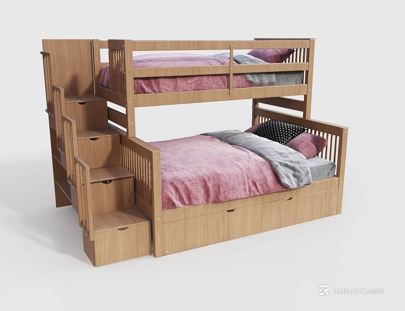 Wooden Bunk Bed With Stairs Storage Drawers Guardrails And Pink Bedding 3d model 