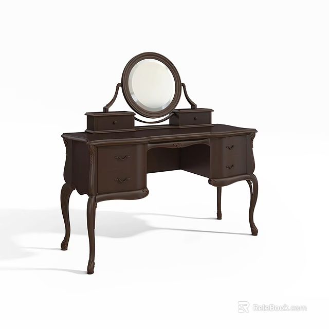 Classic Dark Brown Dressing Table With Round Mirror Small And Large Drawers And Curved Legs 3d model 