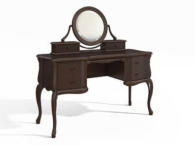 Classic Dark Brown Dressing Table With Round Mirror Small And Large Drawers And Curved Legs 3d model
