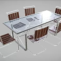 Modern Glass Top Dining Table And Chairs Set With Brown Seats And Metal Frame