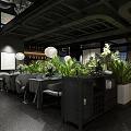 Modern Restaurant Interior With Red Black Decor Dining Tables Flowers And Pendant Lights