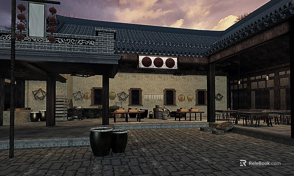 Traditional Chinese Garden Landscape With Tile Roof Stone Walls Stone Tables And Decorative Lanterns 3d model 