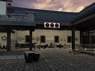 Traditional Chinese Garden Landscape With Tile Roof Stone Walls Stone Tables And Decorative Lanterns 3d model