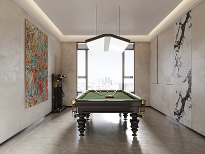 Modern Billiard Room With Green Felt Table Large Windows And Colorful Painting 3d model