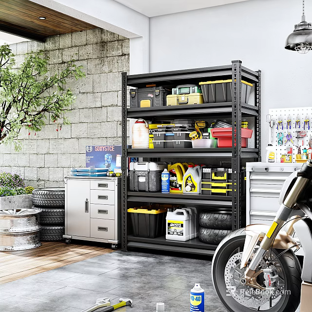 Organized Garage Space With Black Metal Shelving Tools Storage Bins Tires And Motorcycle 3d model 