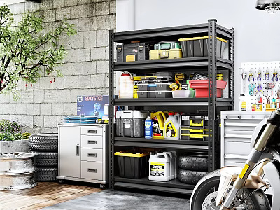 Organized Garage Space With Black Metal Shelving Tools Storage Bins Tires And Motorcycle 3d model