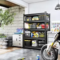 Organized Garage Space With Black Metal Shelving Tools Storage Bins Tires And Motorcycle