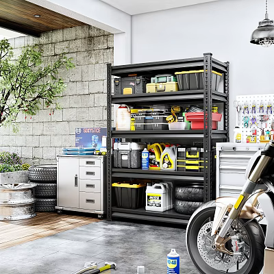 Organized Garage Space With Black Metal Shelving Tools Storage Bins Tires And Motorcycle 3d model