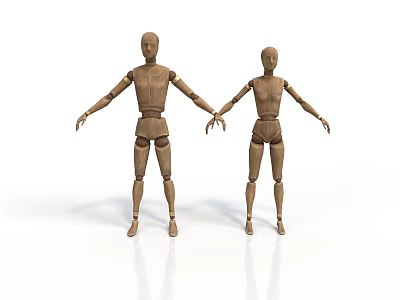 Wooden Mannequins With Articulated Joints Standing On White Background Holding Hands 3d model